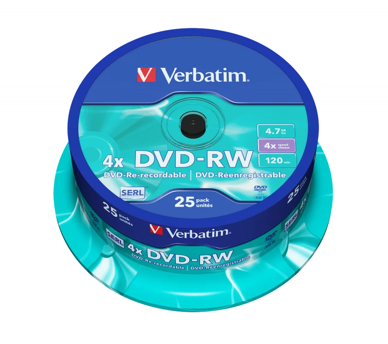 VERBATIM DVD+RW 4X 25PK SPINDLE 4.7GB MATT SILVER, 043489