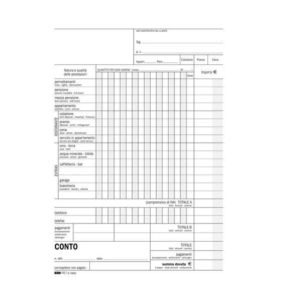 Blocco Conto Albergo/Pensione 15 Giorni Uso Mano 23x15 cm 100 Fogli - Edipro