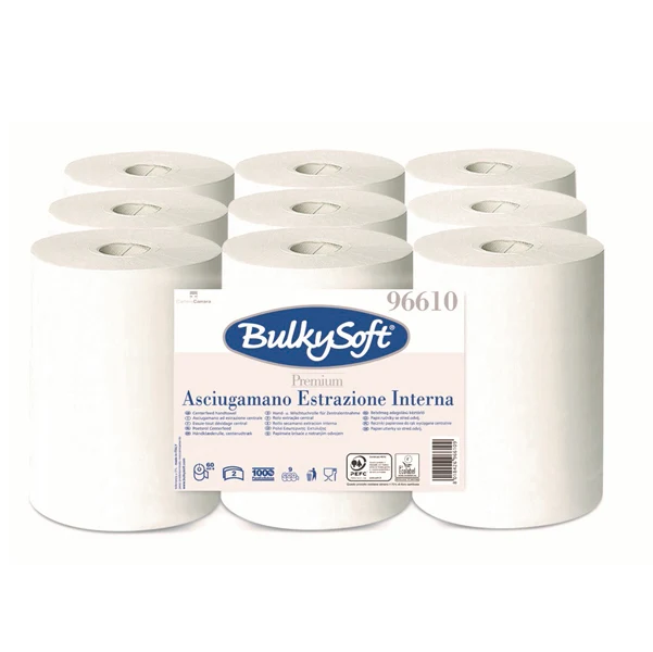 Asciugamani in rotolo Premium - Mini - 215 mm x 60 mt - diametro 13 cm - 2 veli - 19 gr - 200 strappi - goffratura micro - bianco - BulkySoft