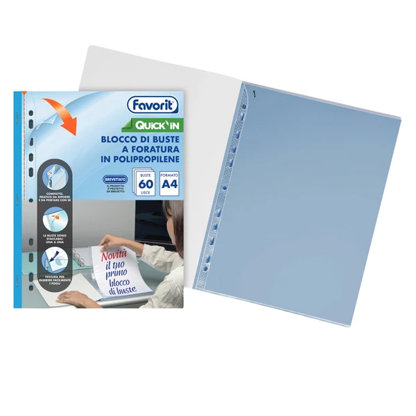 Buste forate Quick IN blocco - liscio - A4 - trasparente - Favorit - conf. 60 buste