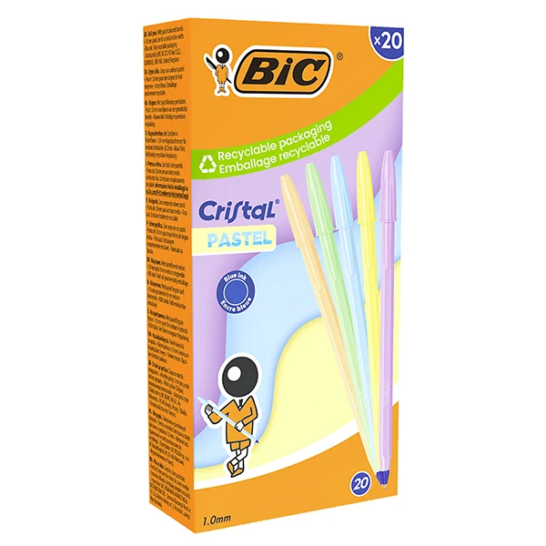 Penna a Sfera BIC Cristal Pastel 1,0mm – Colori Pastello Assortiti – Conf. 20 pezzi