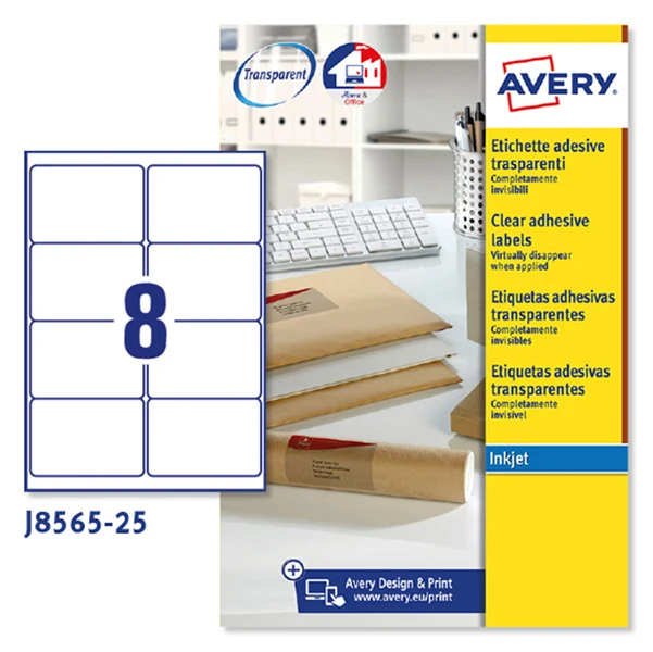 Etichette Adesive J8565 in Poliestere Inkjet Rimovibili 99,1x67,7mm – 8 et/fg – 25 fogli – Trasparente – Avery
