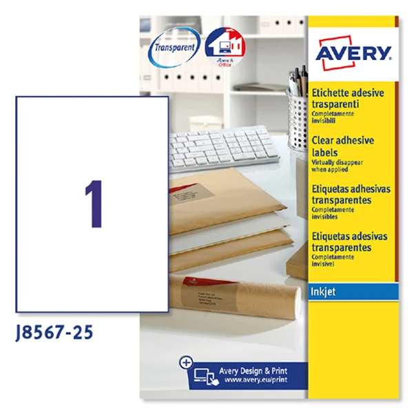 Etichette Adesive J8567 in Poliestere Inkjet Permanenti 210x297mm – 1 et/fg – 25 fogli – Trasparente – Avery