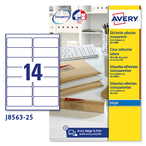 Etichette Adesive J8563 in Poliestere Inkjet Permanenti 99,1x38,1mm – 14 et/fg – 25 fogli – Trasparente – Avery