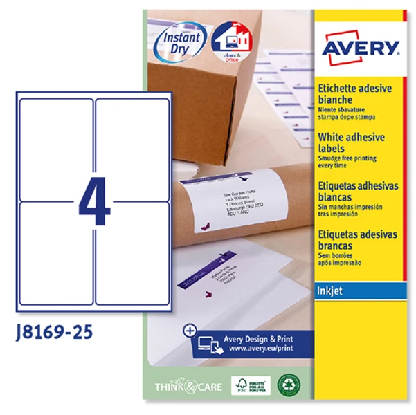 Etichette Adesive J8169 in Carta Inkjet Permanenti 99,1x139mm – 4 et/fg – 25 fogli – Bianco – Avery