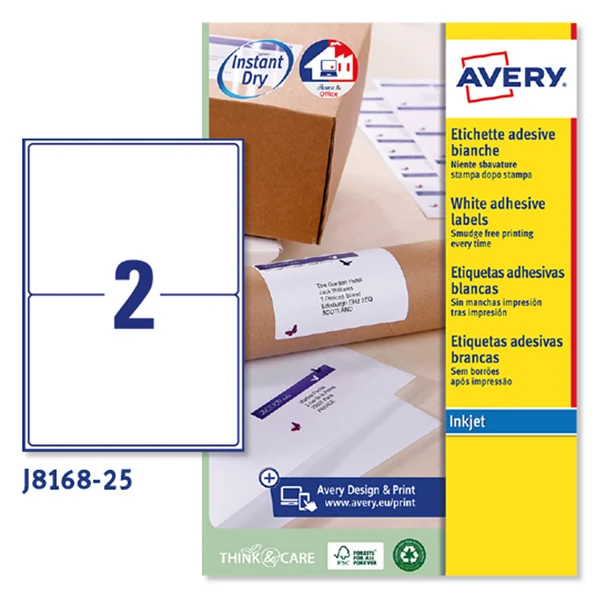 Etichette Adesive J8168 in Carta Inkjet Permanenti 199,6x143,5mm – 2 et/fg – 25 fogli – Bianco – Avery