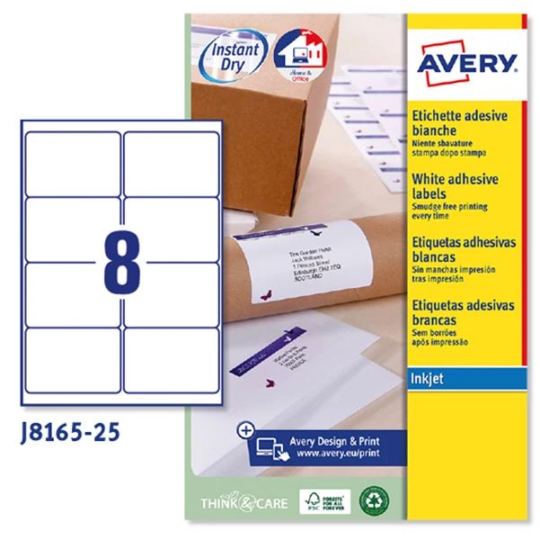Etichette Adesive J8165 in Carta Inkjet Permanenti 99,1x67,7mm – 8 et/fg – 25 fogli – Bianco – Avery