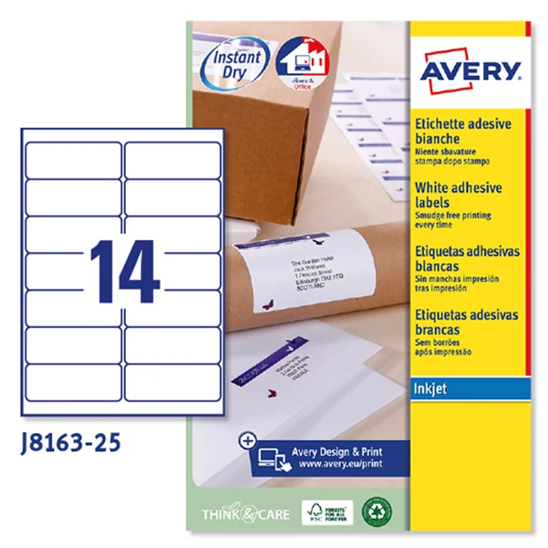 Etichette Adesive J8163 in Carta Inkjet Permanenti 99,1x38,1mm – 14 et/fg – 25 fogli – Bianco – Avery