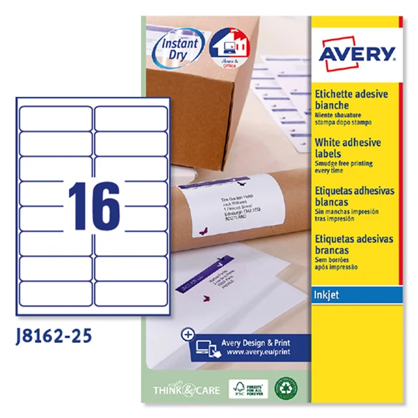Etichette Adesive J8162 in Carta Inkjet Permanenti 99,1x33,9mm – 16 et/fg – 5 fogli – Bianco – Avery