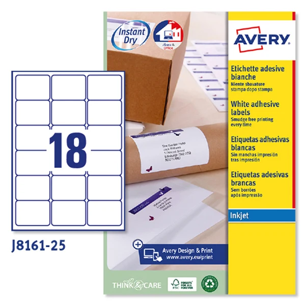Etichette Adesive J8161 in Carta Inkjet Permanenti 63,5x46,6mm – 18 et/fg – 25 fogli – Bianco – Avery