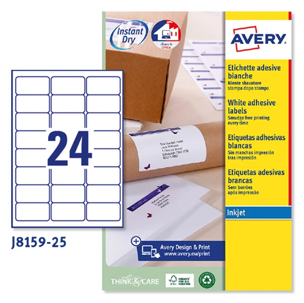 Etichette Adesive J8159 in Carta Inkjet Permanenti 63,5x33,9mm – 24 et/fg – 25 fogli – Bianco – Avery