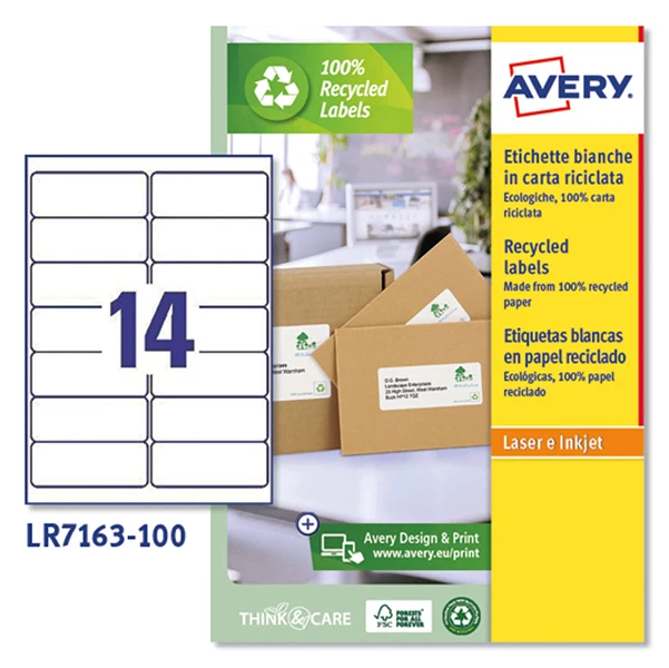 Etichette in Carta Riciclata 100% Laser Permanenti 99,1x33,9mm – 16 et/fg – 100 fogli – Bianco – Avery