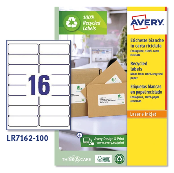Etichette in Carta Riciclata 100% Laser Permanenti 99,1x33,9mm – 16 et/fg – 100 fogli – Bianco – Avery