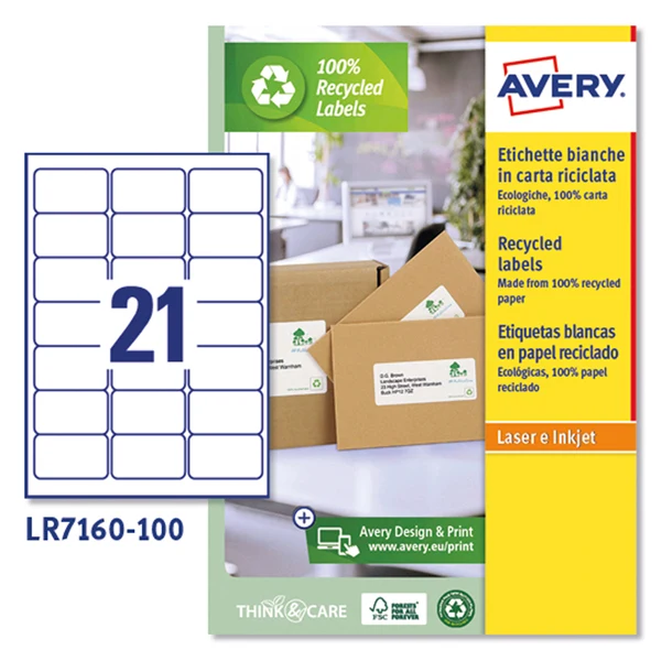 Etichette in Carta Riciclata 100% Laser Permanenti 63,5x38,1mm – 21 et/fg – 100 fogli – Bianco – Avery