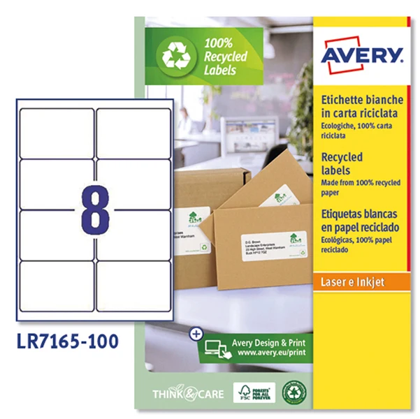 Etichette in Carta Riciclata 100% Laser Permanenti 99,1x67,7mm – 8 et/fg – 100 fogli – Bianco – Avery