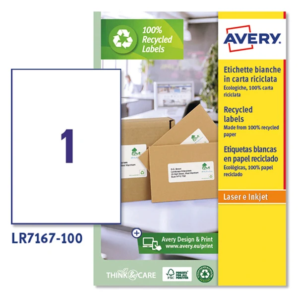 Etichette in Carta Riciclata 100% Laser Permanenti 199,6x289,1mm – 1 et/fg – 100 fogli – Bianco – Avery