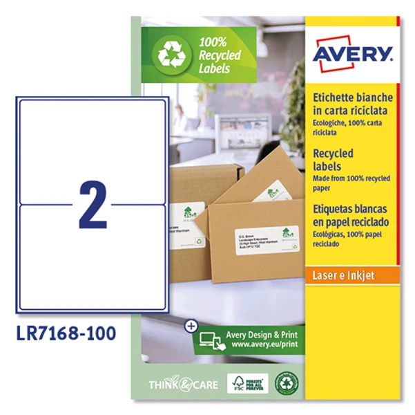 Etichette in Carta Riciclata 100% Laser Permanenti 199,6x143,5mm – 2 et/fg – 100 fogli – Bianco – Avery