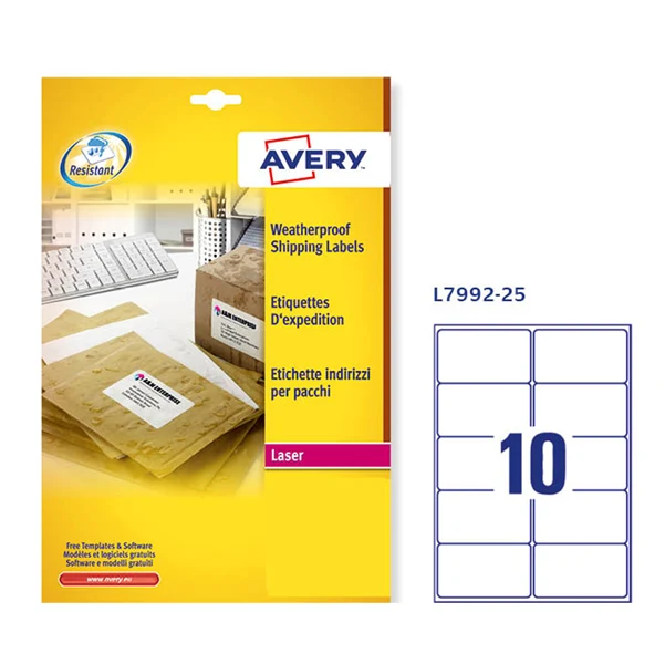 Etichette Adesive L7992 Extra Strong in Poliestere Laser Permanenti 99,1x57mm – 10 et/fg – 25 fogli – Bianco – Avery