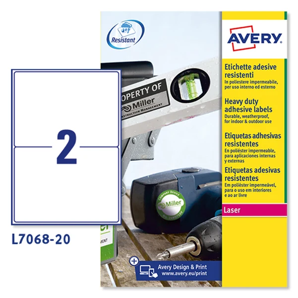 Etichette Adesive L7068 Extra Strong in Poliestere Laser Permanenti 199,6x143,5mm – 2 et/fg – 20 fogli – Bianco – Avery