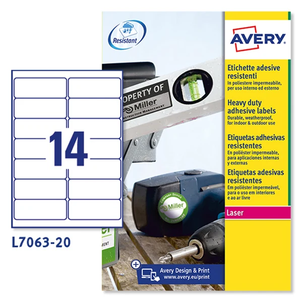 Etichette Adesive L7063 Extra Strong in Poliestere Laser Permanenti 99,1x38,1mm – 14 et/fg – 20 fogli – Bianco – Avery
