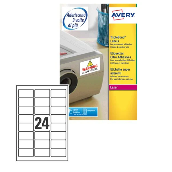 Etichette Adesive L6141 Extra Strong in Poliestere Laser Permanenti 63,5x33,9mm – 24 et/fg – 20 fogli – Bianco – Avery