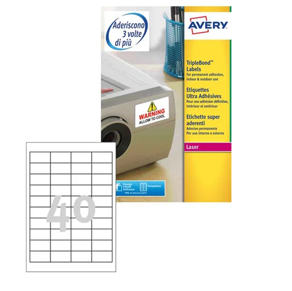 Etichette Adesive L6140 Extra Strong in Poliestere Laser Permanenti 45,7x25,4mm – 40 et/fg – 20 fogli – Bianco – Avery