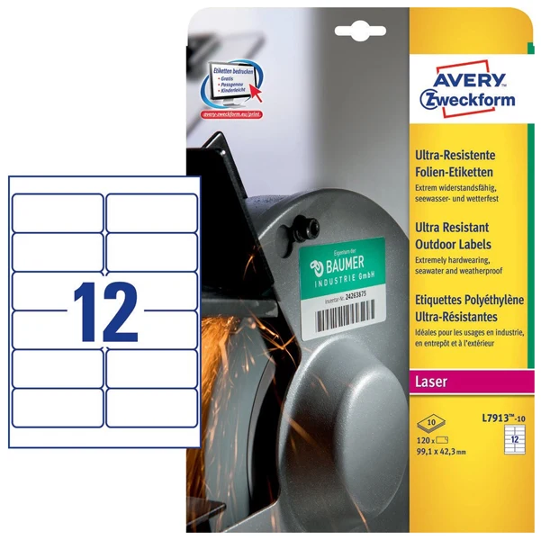 Etichette Adesive Extra Resistenti in PE Laser Permanenti 99,1x42,3mm – 12 et/fg – 10 fogli – Bianco – Avery