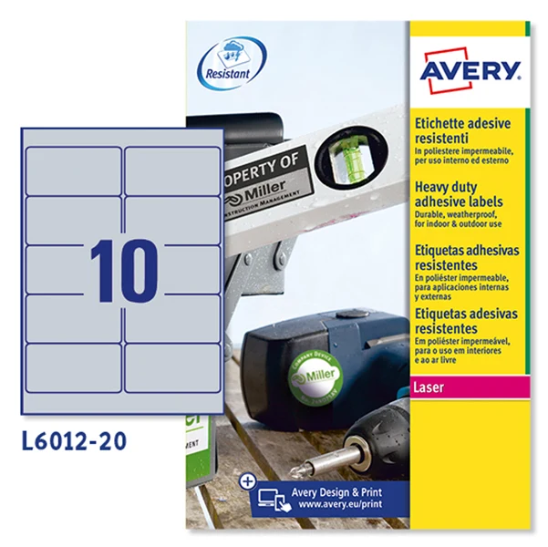 Etichette Adesive L6012 in Poliestere Laser Permanenti 96x50,8mm – 8 et/fg – 20 fogli – Argento – Avery