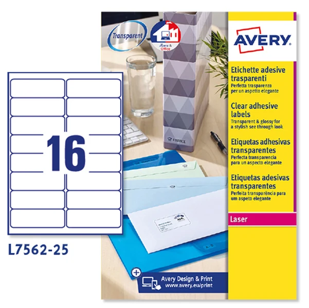 Etichette Adesive L7562 in Poliestere Laser Permanenti 99,1x34mm – 16 et/fg – 25 fogli – Trasparente – Avery
