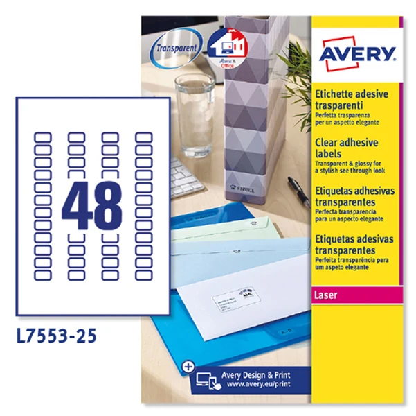 Etichette Adesive L7553 in Poliestere Laser Permanenti 22x12,7mm – 48 et/fg – 25 fogli – Trasparente – Avery