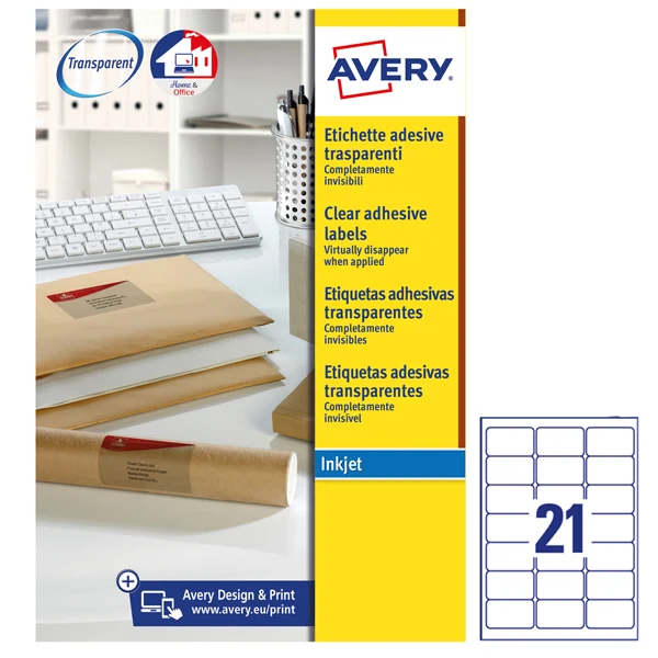 Etichette Adesive J8560 in Poliestere Inkjet Permanenti 63x38mm – 21 et/fg – 25 fogli – Trasparente – Avery