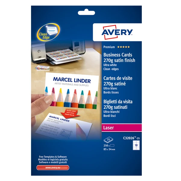 Biglietti da Visita 85x54mm 270g Effetto Satinato – Conf. 25 fg × 10 biglietti – Bianco – Avery