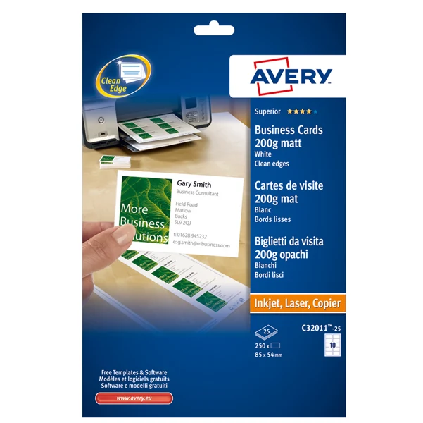 Biglietti da Visita 85x54mm 200g Effetto Opaco – Conf. 25 fg × 10 biglietti – Bianco – Avery