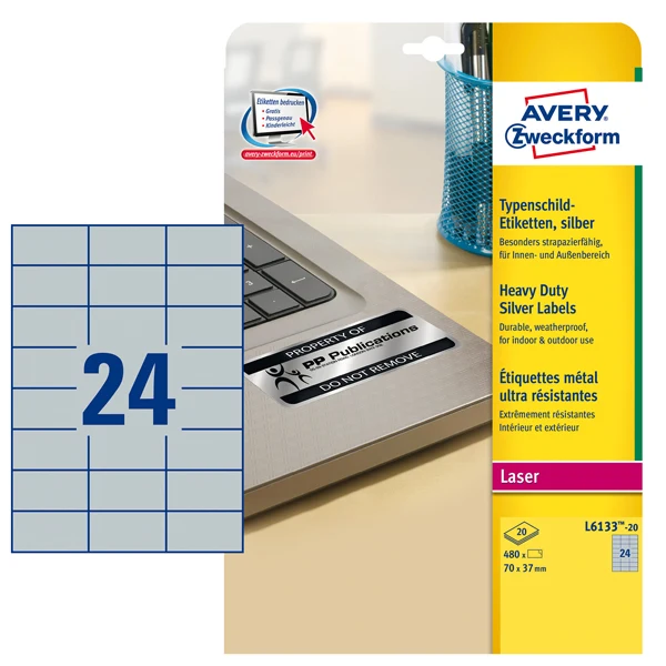 Etichette Adesive L6133 in Poliestere Laser Permanenti 70x37mm – 24 et/fg – 20 fogli – Argento – Avery