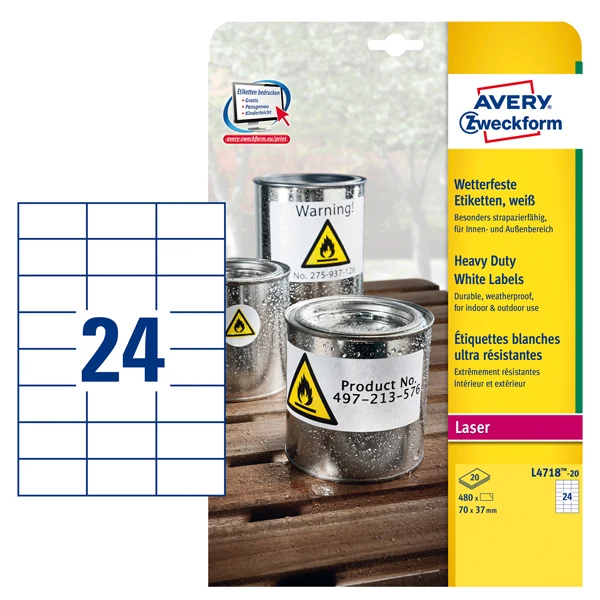 Etichette Adesive L4718 in Poliestere Laser Permanenti 70x37mm – 24 et/fg – 20 fogli – Bianco – Avery