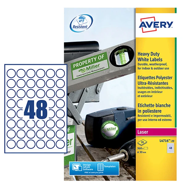 Etichette Tonde L4716 in Poliestere Laser Permanenti Diam.30mm – 48 et/fg – 20 fogli – Bianco – Avery