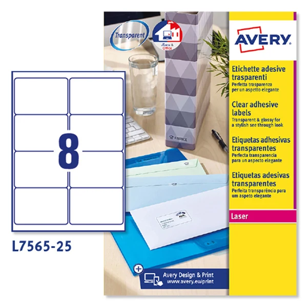Etichette Adesive L7165 in Poliestere Laser Permanenti 99,1x67,7mm – 8 et/fg – 25 fogli – Trasparente – Avery