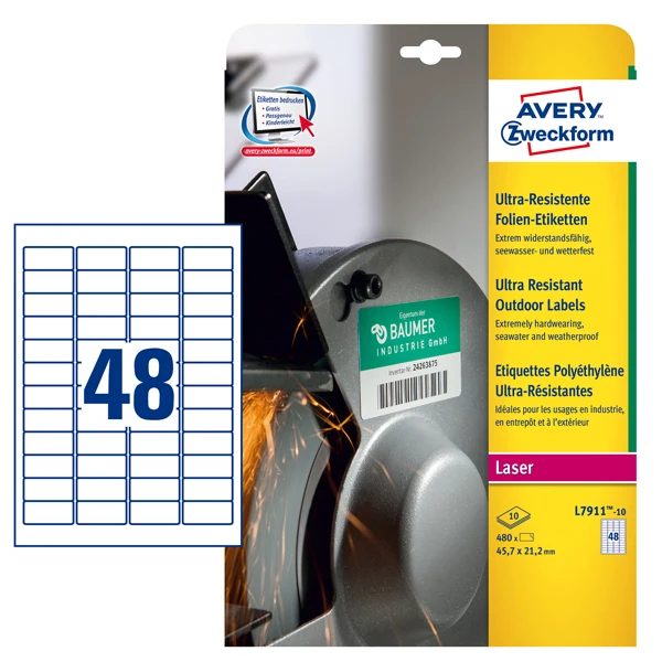 Etichette Adesive in PE Laser Permanenti 45,7x21,2mm – 48 et/fg – 10 fogli – Bianco – Avery