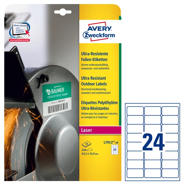 Etichette Adesive in PE Laser Permanenti 63,5x33,9mm – 24 et/fg – 10 fogli – Bianco – Avery