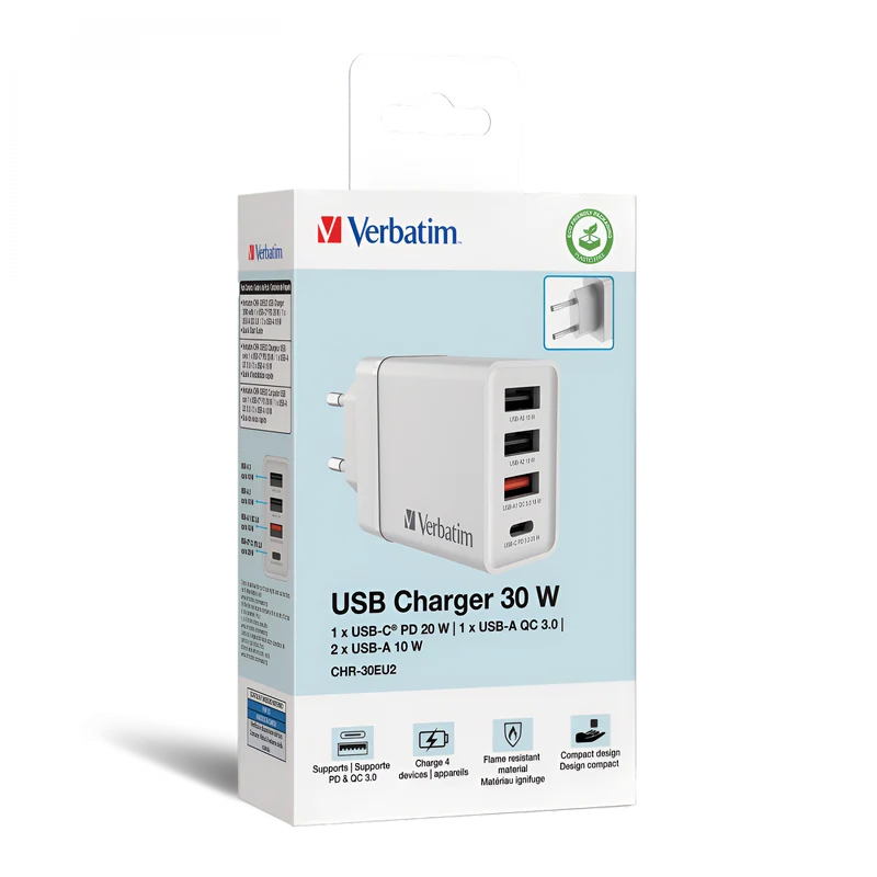 VERBATIM CHR-30EU2 USB CHARGER 30W - WHITE