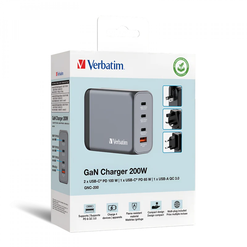 VERBATIM GNC-200 GaN CHARGER 4 PORT 200W USB A/C