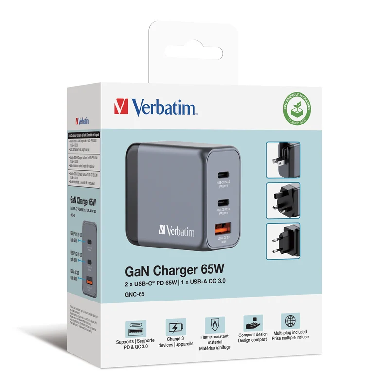 VERBATIM GNC-65 GaN CHARGER 3 PORT 65W USB A/C