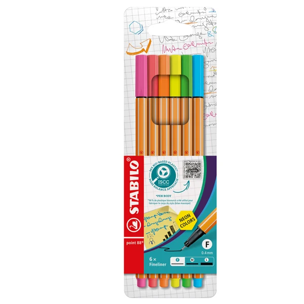Fineliner Stabilo Point 88 – Tratto 0,4 mm | 6 Colori Neon | Conf. 6 pz