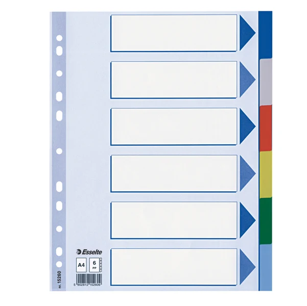 Separatori A4 PPL 6 Tasti Colorati Foratura Universale per Raccoglitori - Esselte