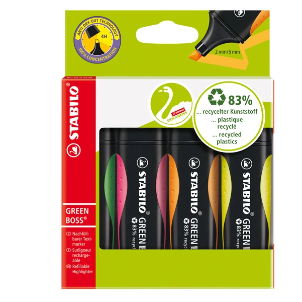 Evidenziatore Stabilo Boss Green – Astuccio 4 Colori Eco-Friendly
