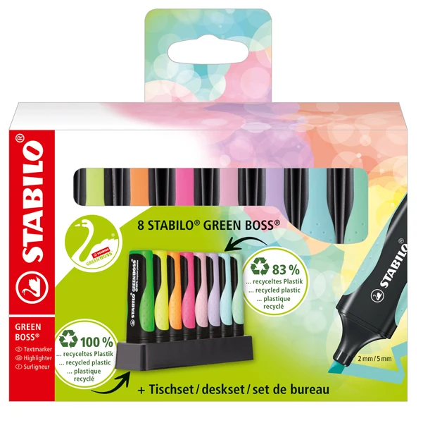 Evidenziatore Stabilo Boss Green – 83% Plastica Riciclata | Tratto 2-5 mm | Conf. 8 pz