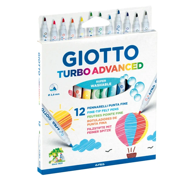 Pennarelli Turbo Advanced Punta Fine Anti-Rientro 2,8 mm Inchiostro Super Lavabile 40° 2 Formati 12 e 18 pz – Giotto