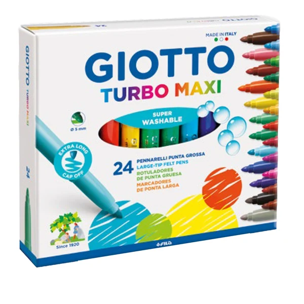 Pennarelli Turbomaxi Punta Grossa 5 mm Inchiostro Super Lavabile Tappo Ventilato 2 Formati 12 e 24 pz – Giotto