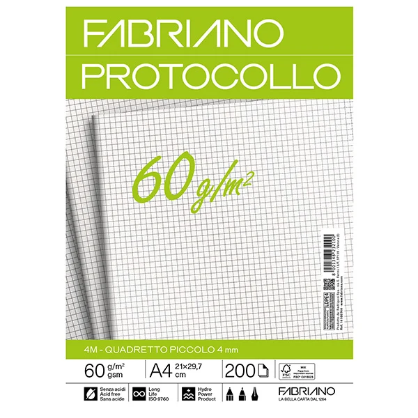 Fogli Protocollo A4 60 gr Pura Cellulosa ECF Acid-Free 5 Rigature Conf. 200 pz - Fabriano