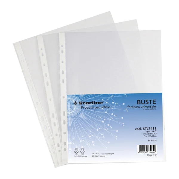 Buste Forate A4 PPL 3 Spessori 2 Finiture Liscia e Antiriflesso Conf. 50 pz | Starline